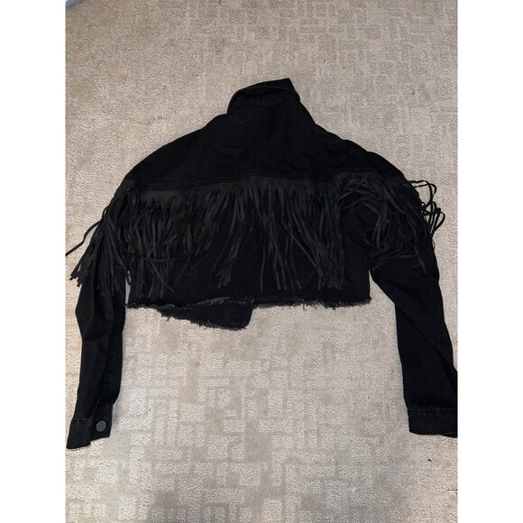 Black Denim Cropped Jacket Fringed Western Style Long Sleeve‎ - Picture 6 of 7